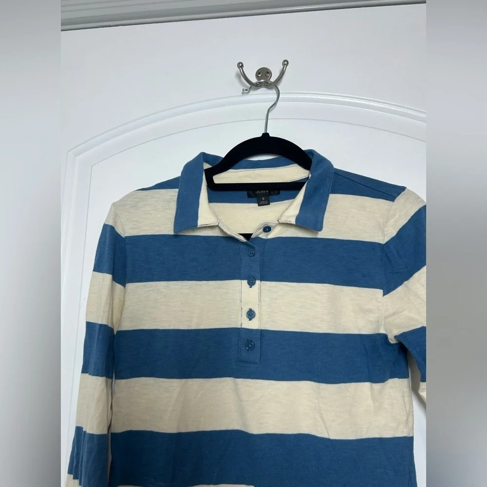 J Crew Blue Striped Long Sleeve Polo Rugby Shirt Size S Preppy Retro Academia